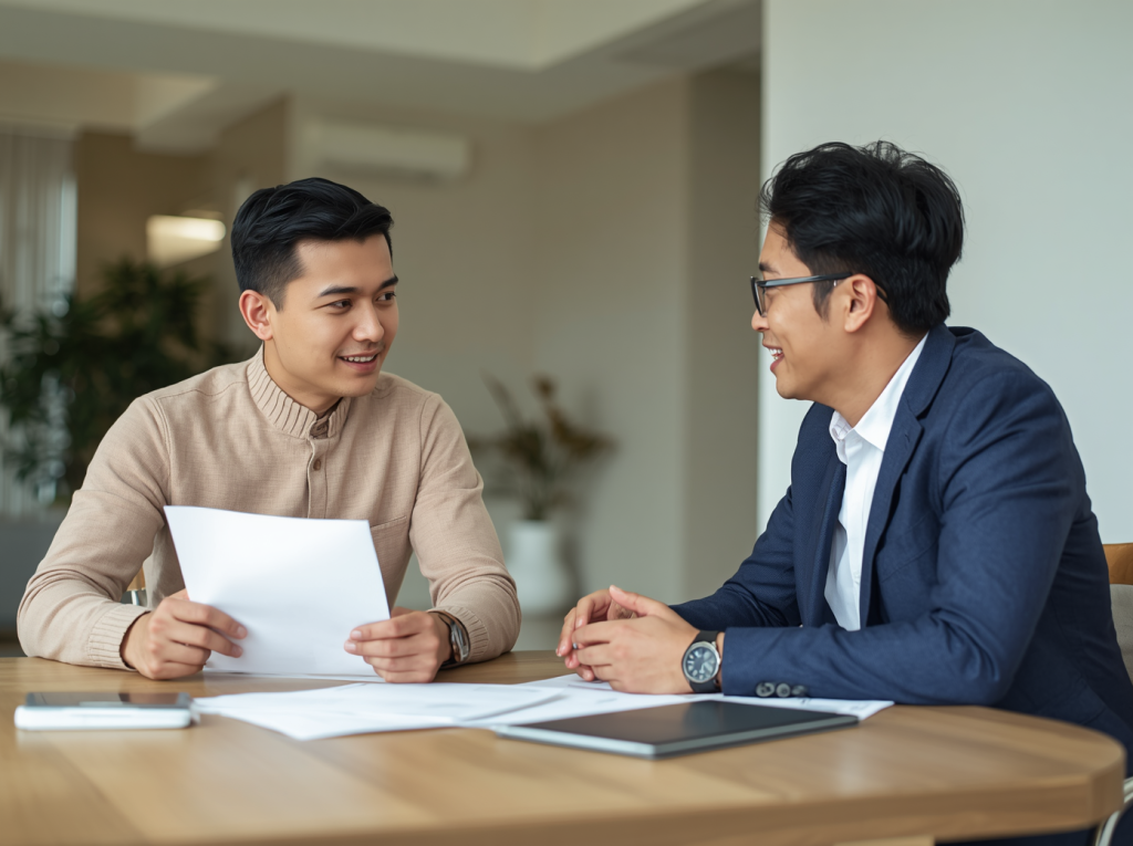 Konsultasi bisnis antara pemilik usaha dan konsultan dalam suasana profesional yang santai