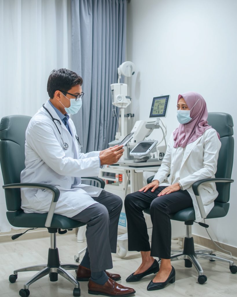 Dokter sedang berkonsultasi dengan pasien di klinik kesehatan modern