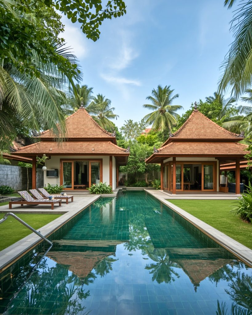 Villa bergaya Indonesia dengan taman tropis dan kolam renang pribadi