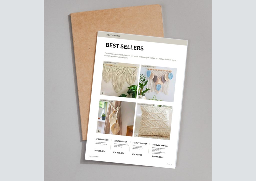 Desain katalog produk macrame untuk menampilkan koleksi produk dan informasi penjualan